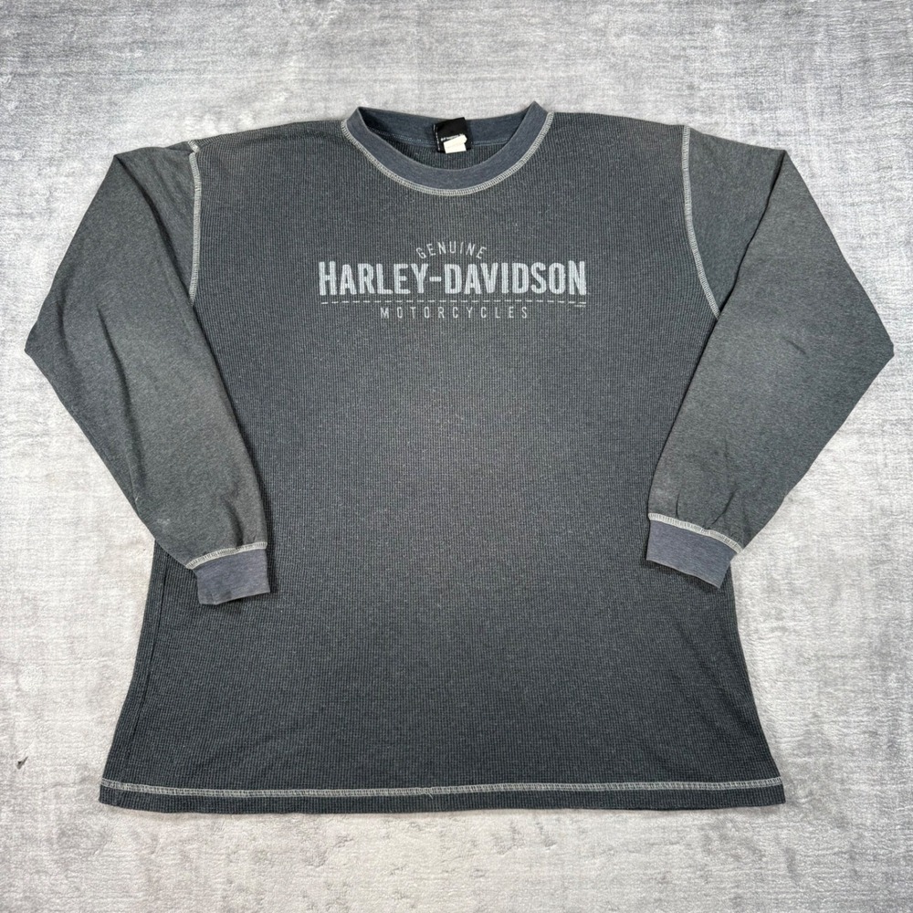 Harley Davidson Shirt Mens XL Gray Long Sleeve Thermal Waffle Knit Biker Y2K